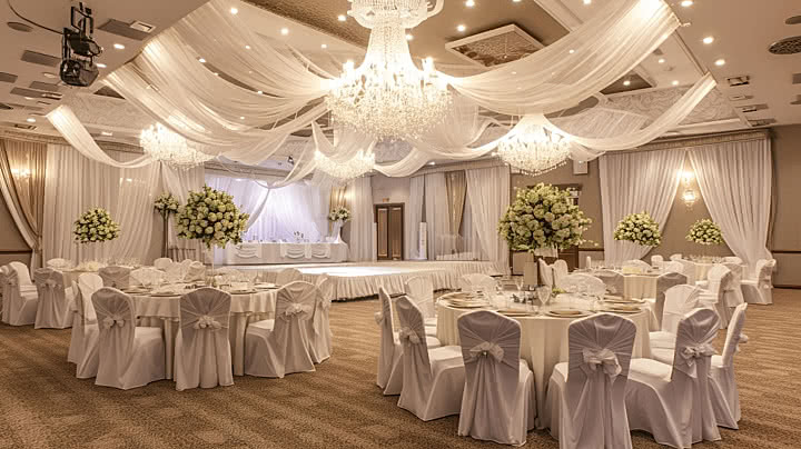 Grand ballroom reception with chandeliers, draped ceiling, and set tables