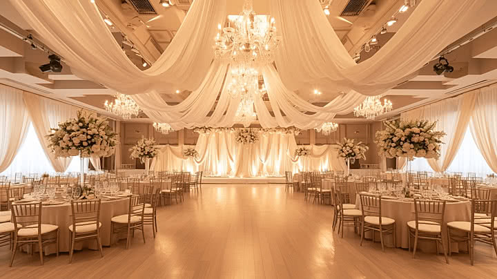 Grand wedding ballroom with draped ceiling, chandeliers, and floral centerpieces