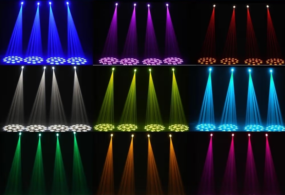 Showcase of multi-colored stage lighting beams in different color configurations