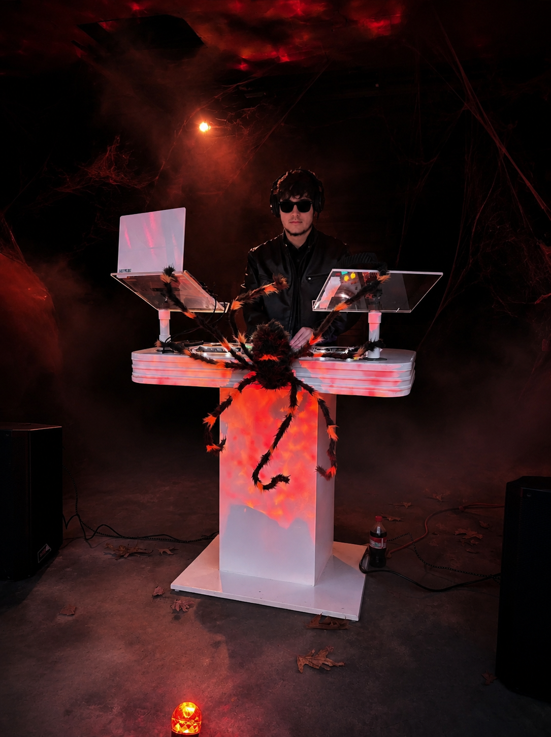 DJ in sunglasses performing at a Halloween-themed private party with fog, spider decor, and red uplighting