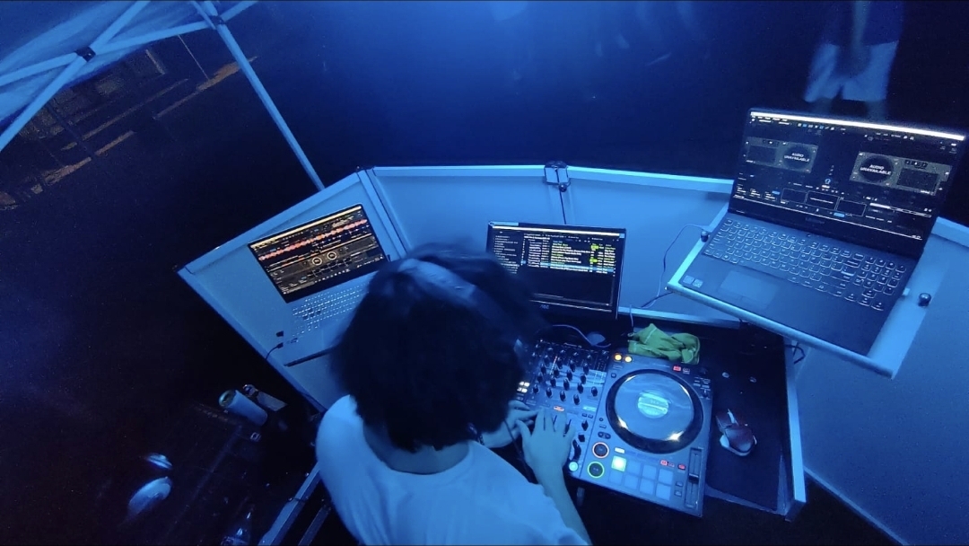 DJ Aiden Jules performing at a backyard private party with Bose line array speakers